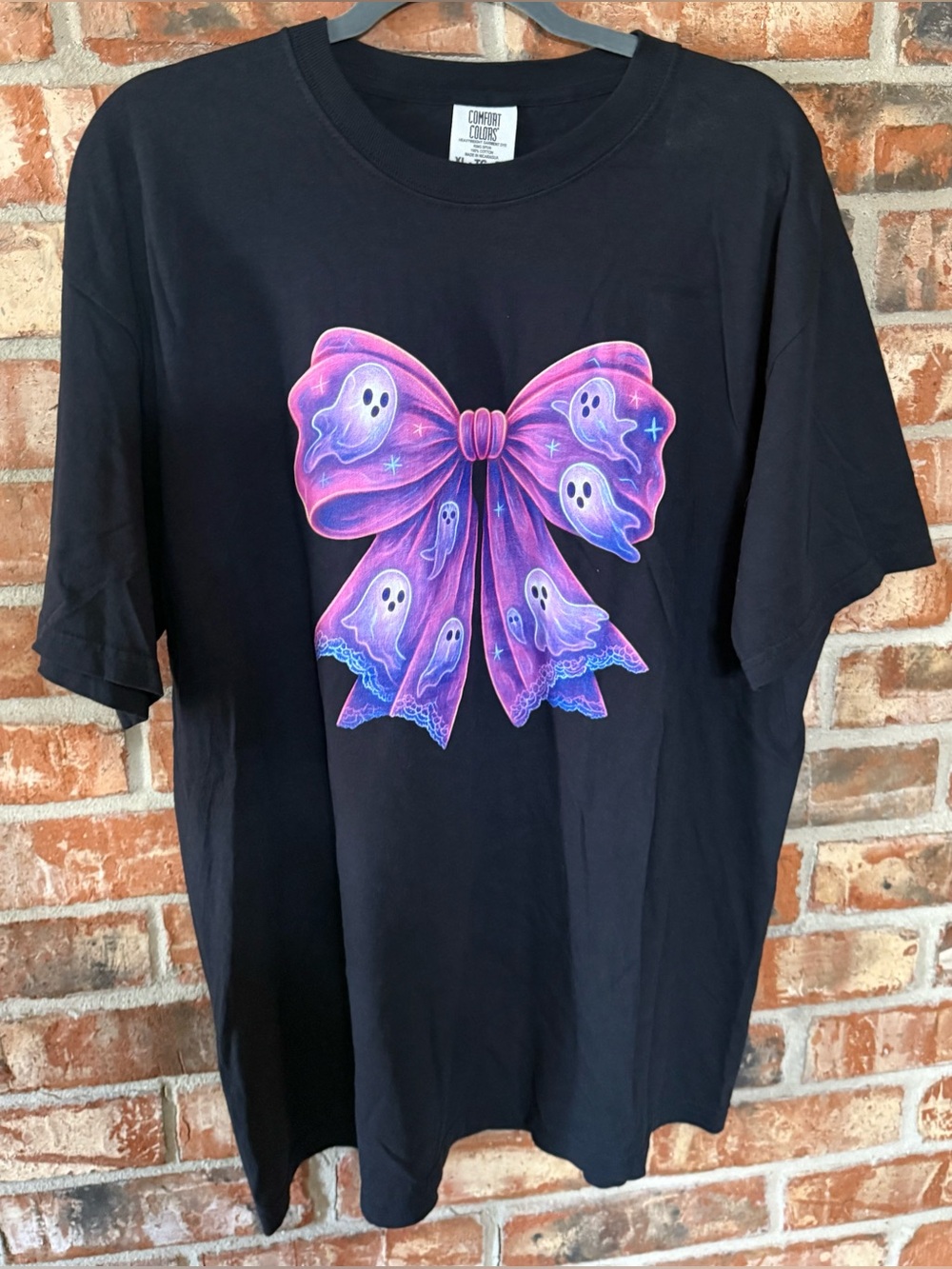 Comfort Colors Black Tee with Pink-Purple Ghost Bow Graphic